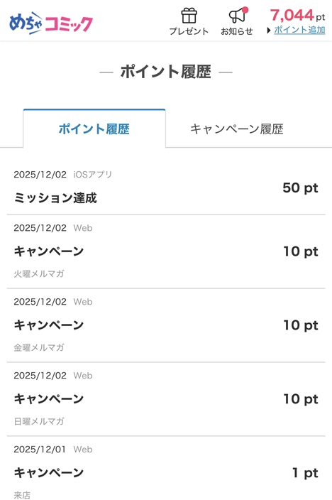 めちゃコミックのポイント履歴